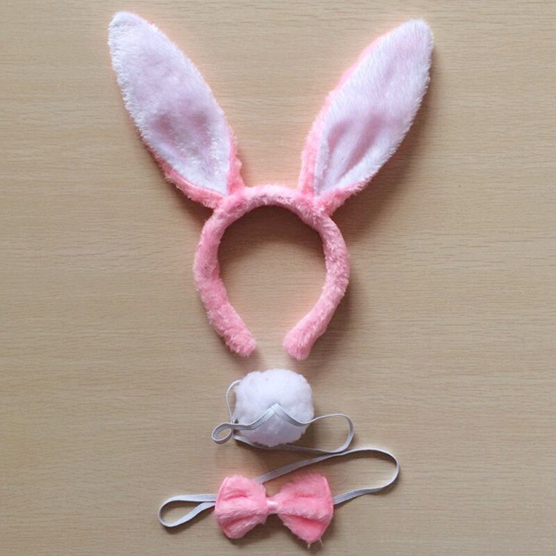 Conjunto de diadema con orejas de conejo para niños y adultos, vestido de fantasía, diadema con Orejas de conejo grande para , diadema con cola, Negro, Rosa, blanco y azul: white and pink