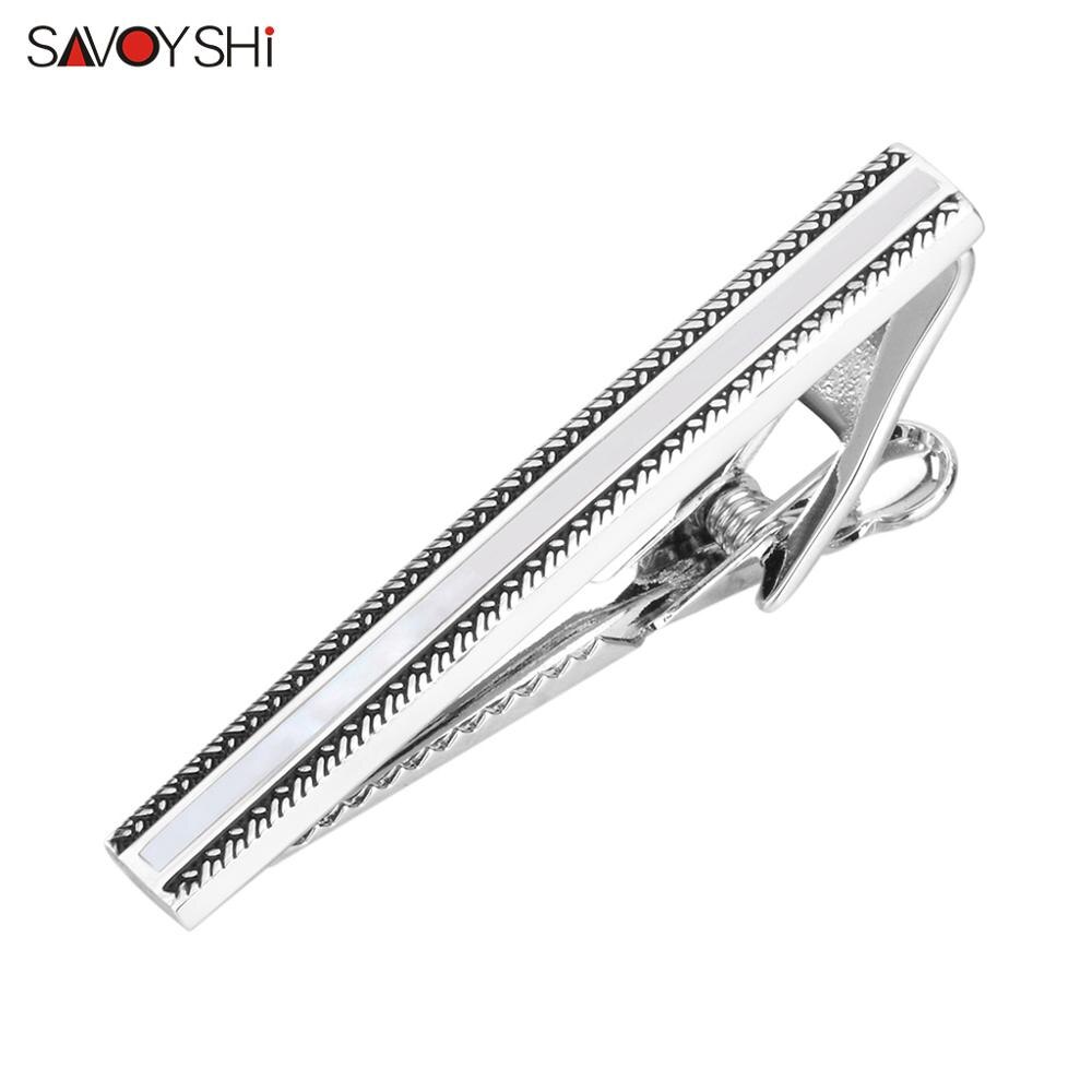 Savoyshi Metal Band Clip Voor Mens Silver Kleur Tie Bar Pin Wit Shell Stropdas Stropdas Sluiting Mannen Sieraden Gratis carving Naam