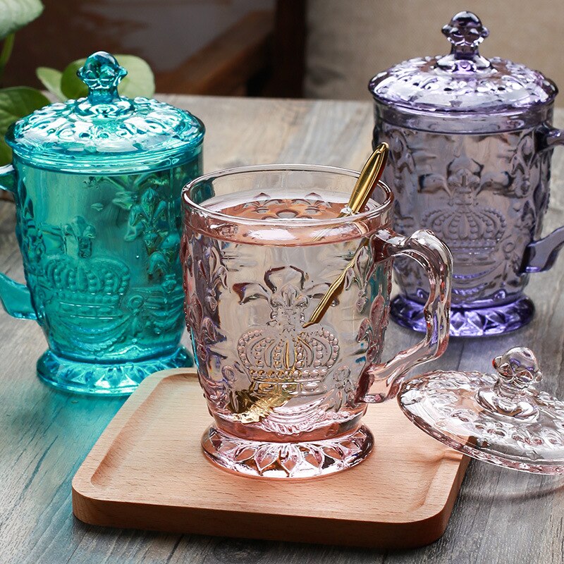 Glass crystal mug with lid European retro embossed flower color thickened 350ml office drink milk tea drink juice cup