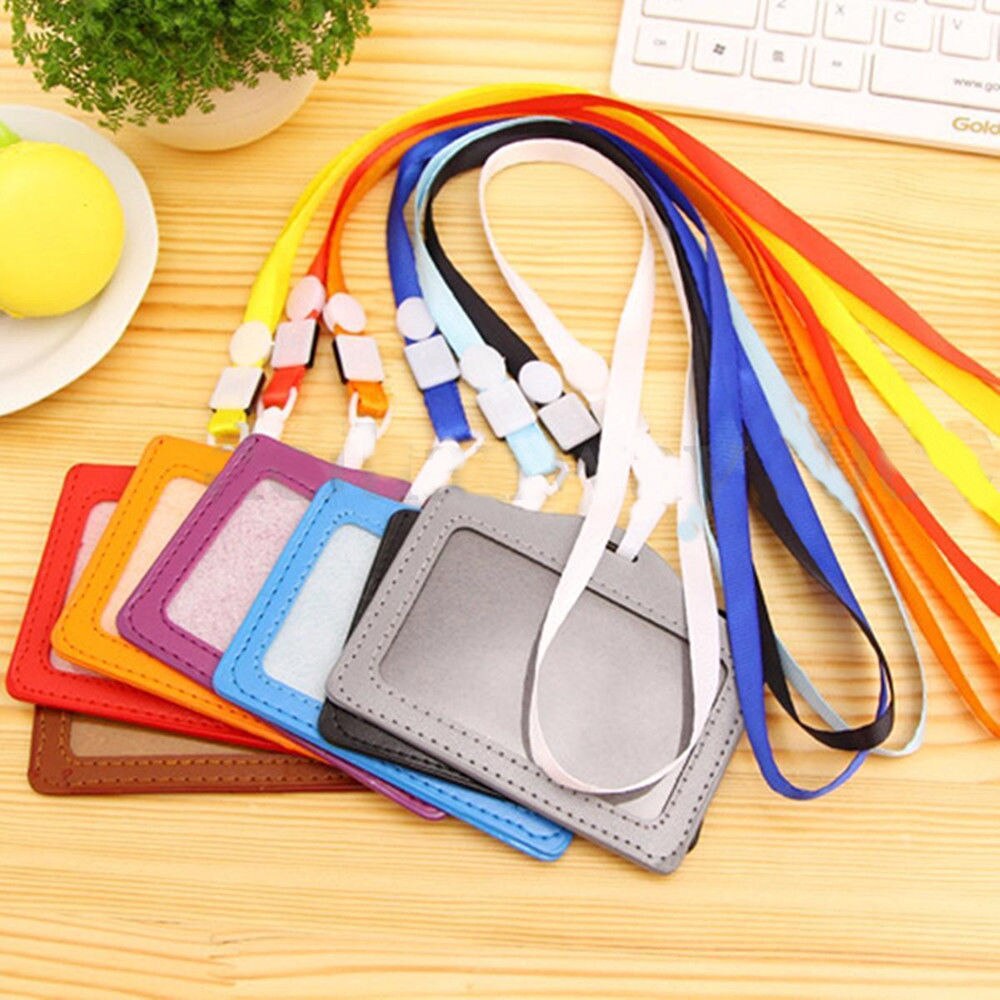 1Pcs PU Leather Candy Colors Pocket ID Card Pass Badge Holders Case with Neck Strap Lanyard School Office Supplies Student Card