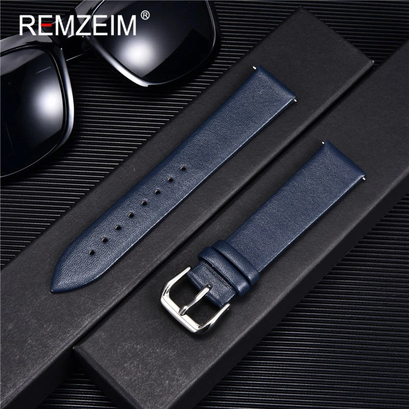 Bracelet de montre Ultra-fin en cuir véritable, ceinture de montre, 8mm 10mm 12mm 14mm 16mm 18mm 20mm 22mm, rouge blanc noir: Blue / 22mm