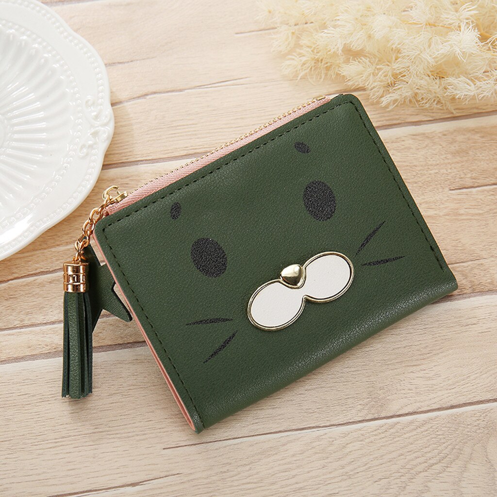 Mini Cute Cat Womens Tassle Wallets Purses Short Female Coin Purse Credit Card Holder Ladies Outdoor Travel Cluth Bag: Green