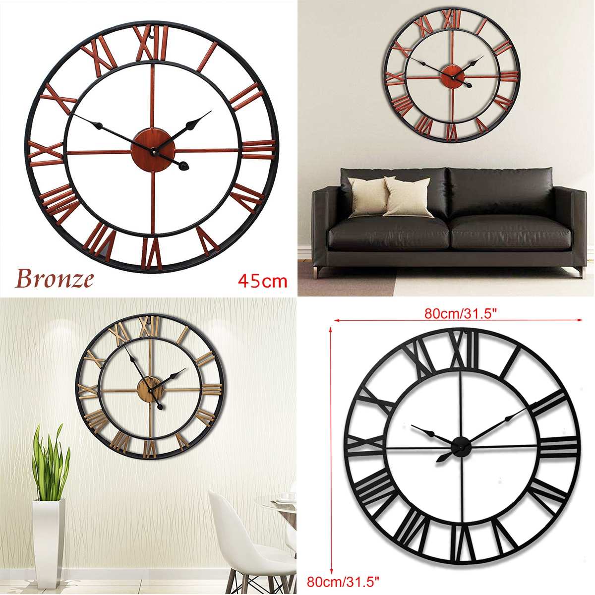 45/80CM Nordic Metal Roman Numeral Wall Clocks Retro Iron Round Face Black Gold Large Outdoor Garden Clock Home Decoration