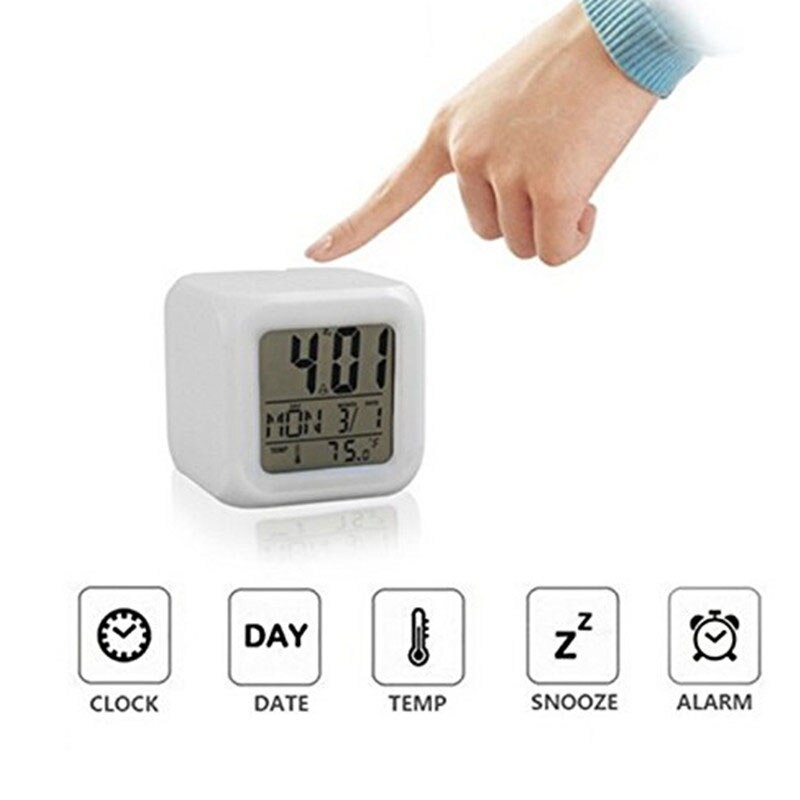 Led digital despertador 7 cores mudando mesa gadget digital alarme termômetro display noite incandescente cubo relógio decoração de casa