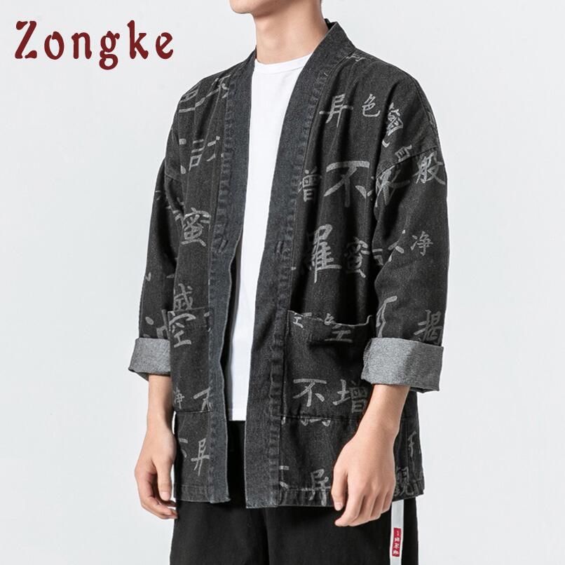 Zongke Chinese Buddhist Scripture Print Kimono Cardigan Japanese Kimono Men Jacket Streetwear Mens Kimono Denim Jacket Men: Black / Asian Size XL