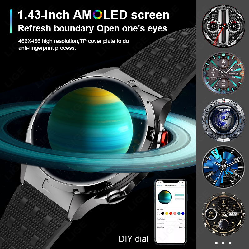 LIGE AMOLED Screen ricarica Wireless NFC Smart Watch Sport impermeabile orologio da uomo Smartwatch da donna 1GB grande memoria chiamata Bluetooth