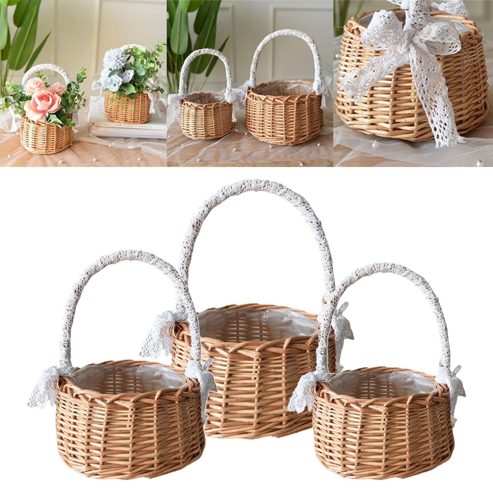Handgemaakte Rotan Opslag Mand Met Handgrepen Kant Boog Decoratie Picknick Bruiloft Bloem Meisje Rieten Indoor Outdoor