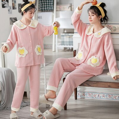 320G invierno grueso cálido algodón acolchado maternidad enfermería ropa de dormir pijamas dulces ropa para mujeres embarazadas pijama para embarazadas: Rosa / XL