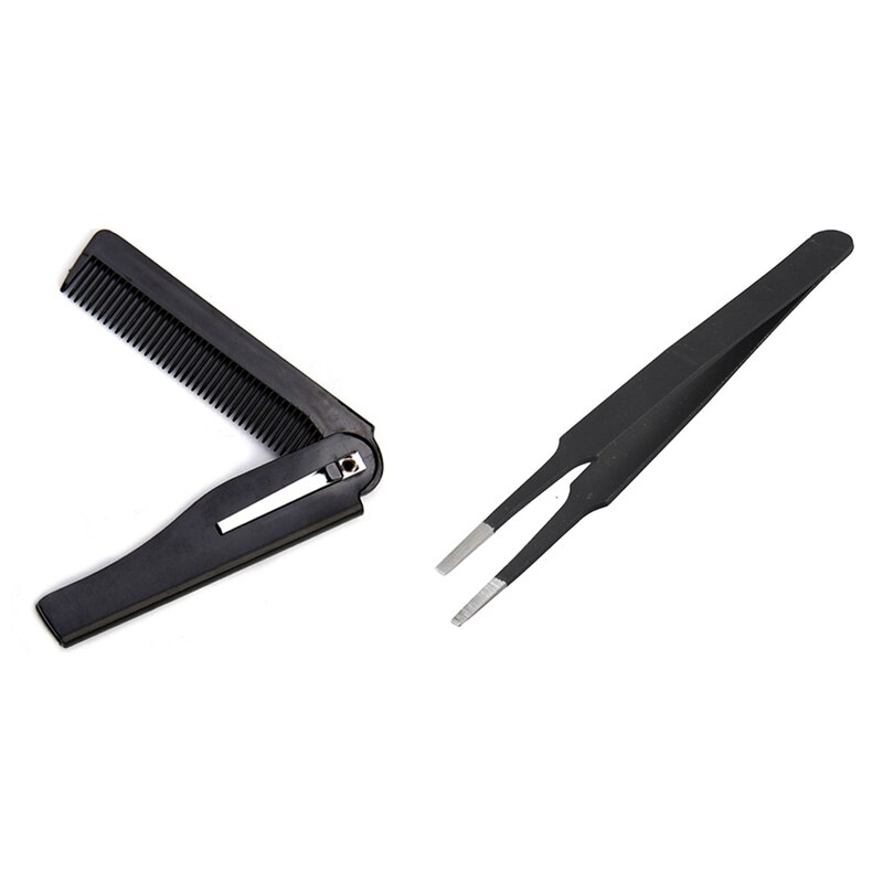 1pcs Anti-Static Flat Square Tip Stainless Steel Straight Tweezers 4.7 inch Long &amp; 1pcs Folded Knife Type Horn Comb: Default Title