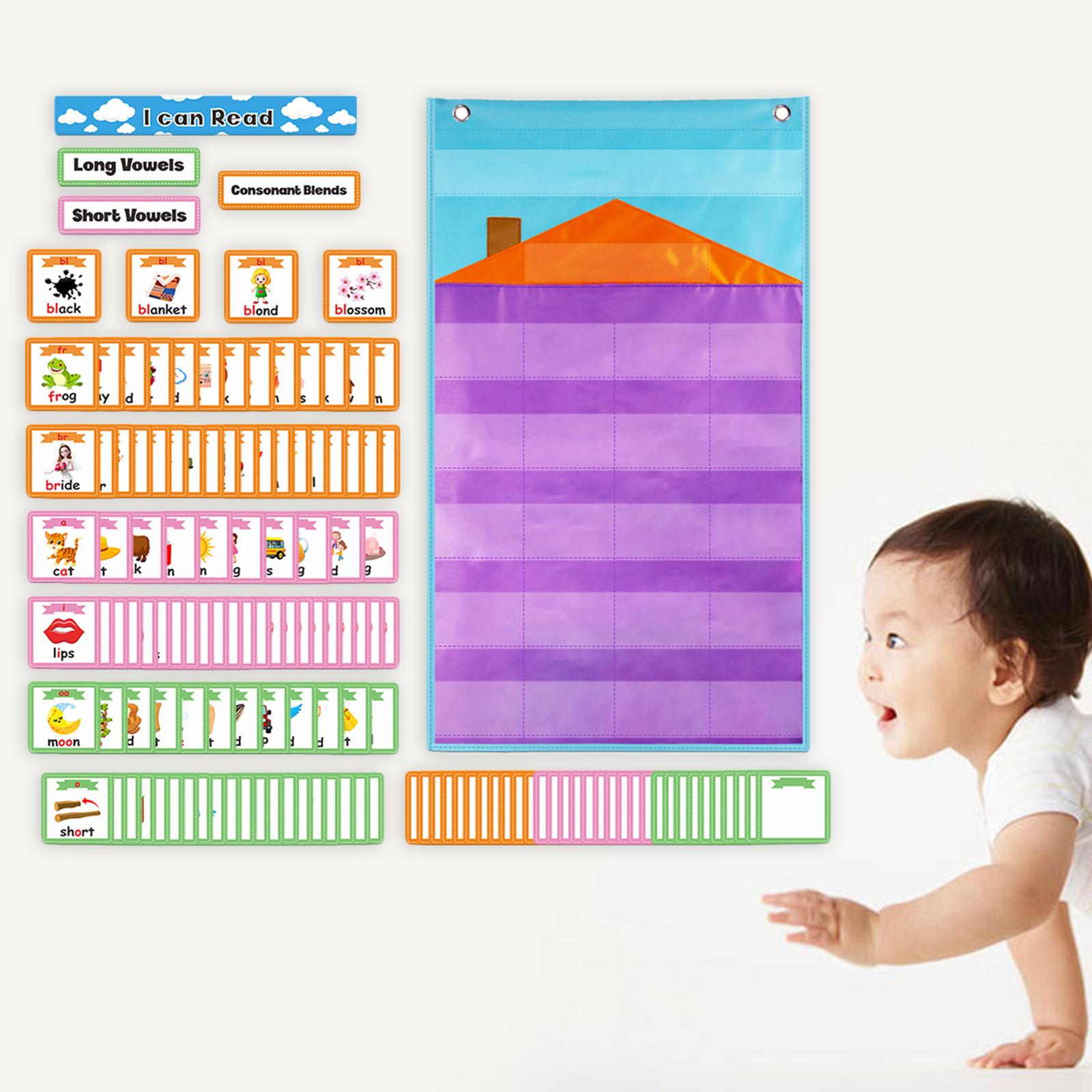 Wall Hanging English Grammer Pocket Chart with 154 Vowel Card Grammer Learning for Teaching Aid Teacher Classroom Centers