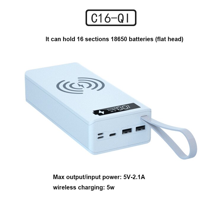 16*18650 batteri power bank taske oplader boks holder dobbelt usb lcd display support hurtig &amp; trådløs opladning til iphone 13 xr 12: Normal qi hvid