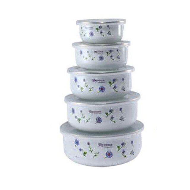 5 Pcs Emaille Ijs Kom Mixing Bowls Met Afdichting Deksel Emaille Kommen Pak Set Behoud Set Ice Box Mini Rijst kom 10-18 Cm Emaye: Goud