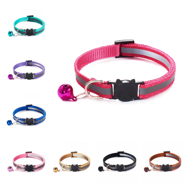 Collar de campana para gatos calientes, hebillas ajustables reflectantes de nailon, Collar para mascotas, seguro, botón para cabeza de gato, accesorios bonitos