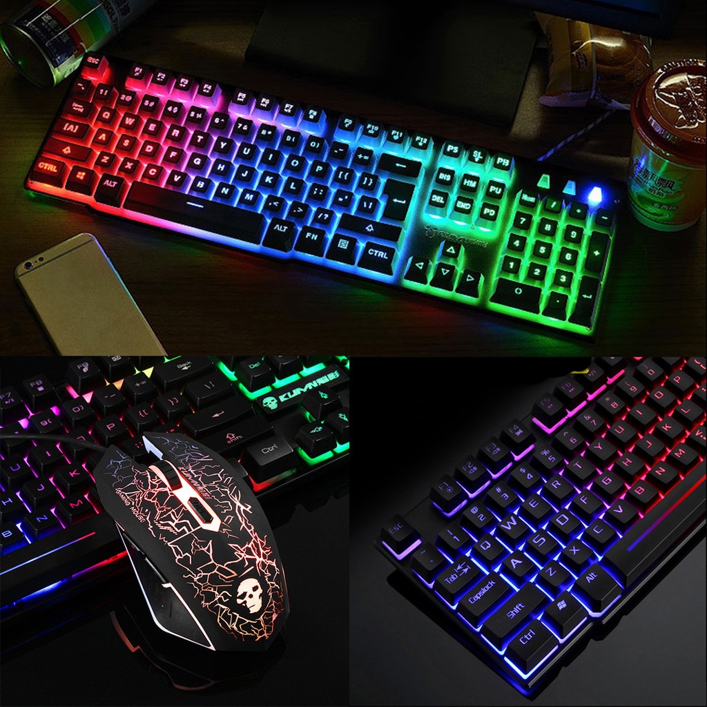 T6 Rainbow Backlight Usb Ergonomic Gaming Keyboard and Mouse Set for PC Laptop 2400DPI +104 full-size gaming keyboard set