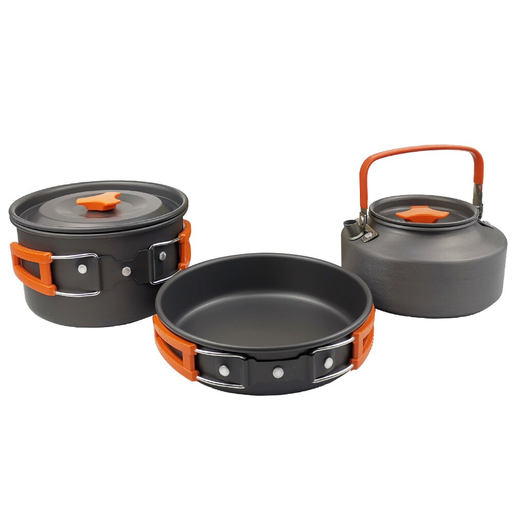 3 Stks/set Outdoor Camping Wandelen Cookware Gebruiksvoorwerpen 2-3 Mensen Draagbare Reizen Picknick Theepot Pot Koekenpan Koken Servies: Oranje