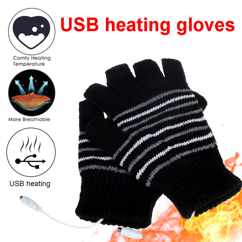 USB Heating Gloves Hand Warmer USB Glove Outdoor Ski Skating Sports Finger Warm Gloves Unisex Keyboard Work Fingerless