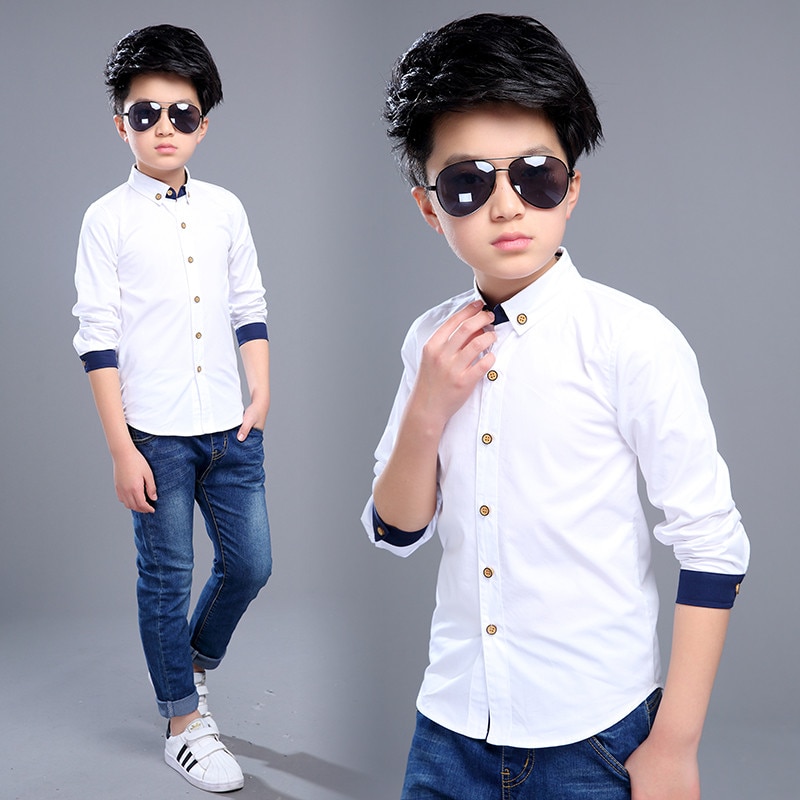 Teenage boys shirts langærmet solid skjorte drenge skruer ned krave skjorte til drenge hvidt børn teenage tøj 6 8 10 12 14 år gammel