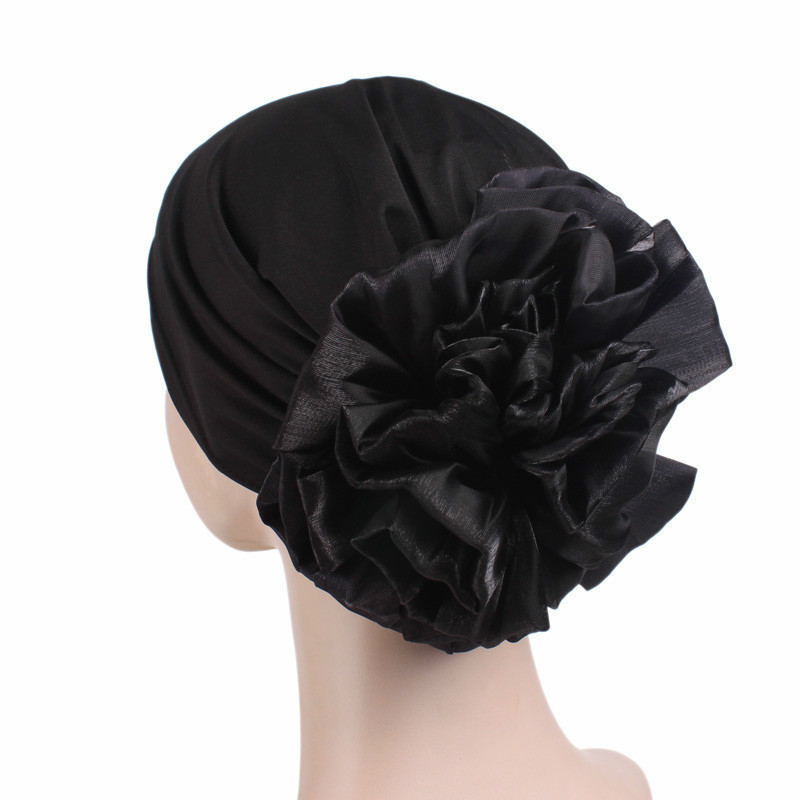 Grote Bloem Vrouwen Tulband Hoed Moslim Hoofddoek Stapel Hoop Cap Vrouwen Zachte Comfortabele Hijab Caps Islamitische Chemotherapie Hoed: Black