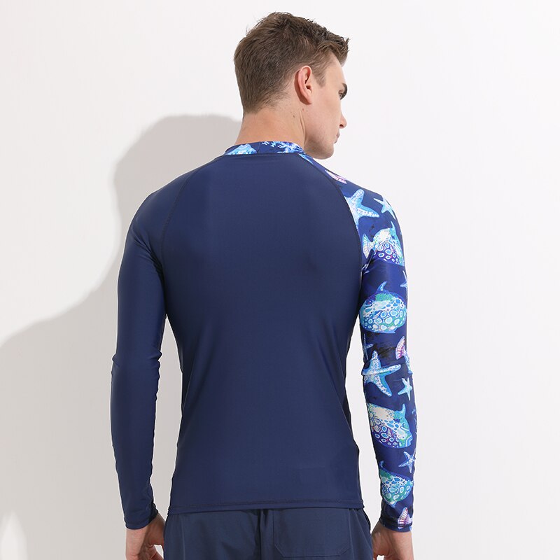 Men's Long Sleeve UPF 50+ Baselayer Skins Compression Rash Guard Shirt Crew Neck Print Tee Suit for Swim Surfing Snorkeling