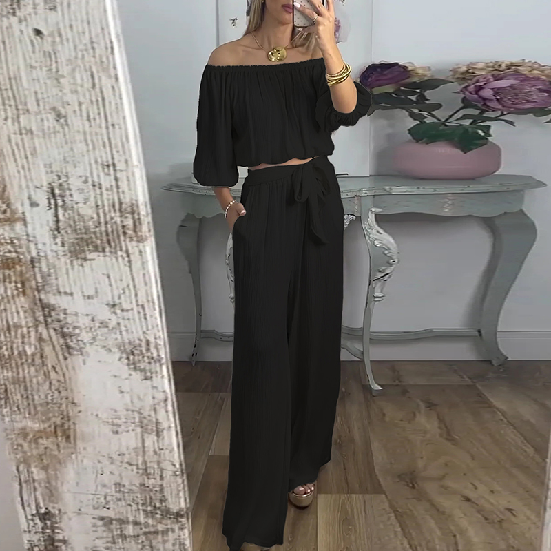 Sommerlig rett løst antrekk sexy enskuldret topp med knytebukser damesett retro ensfarget kortermet pendlerdress