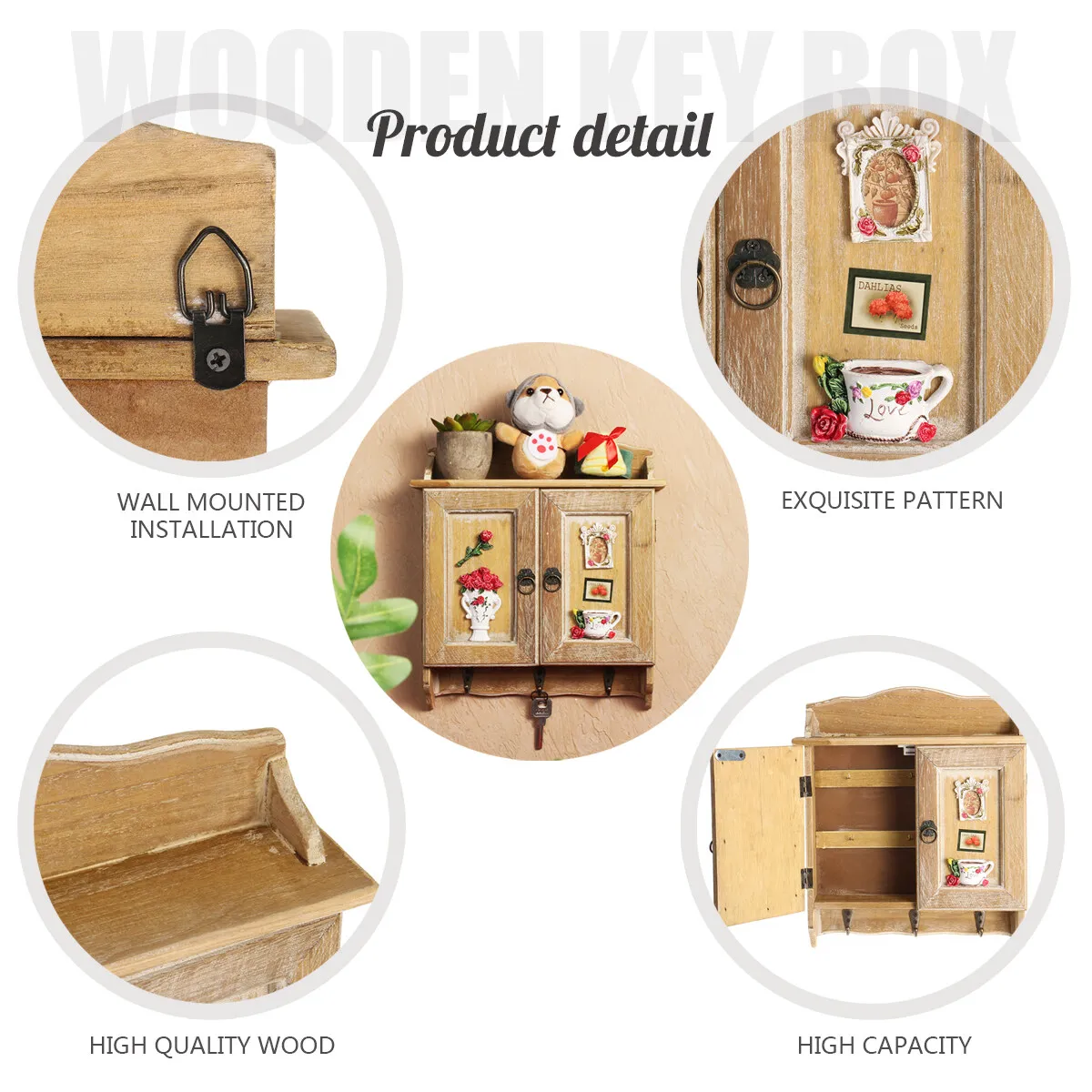 Caja organizadora Retro de madera con puertas dobles, estante organizador con 9 ganchos, soportes montados en la pared para armario, decoración para el hogar y la sala de estar