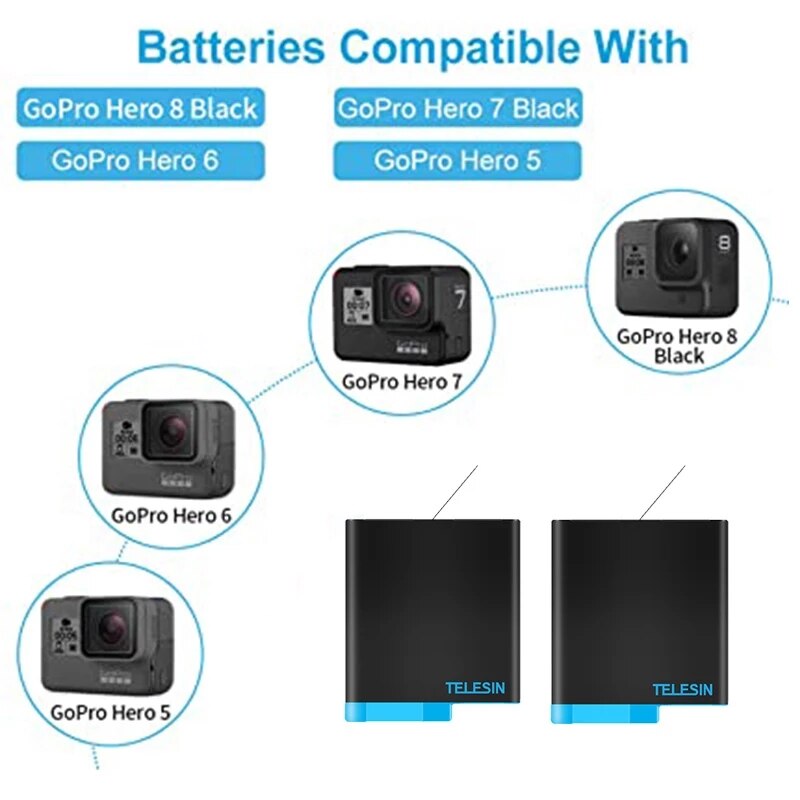 TELESIN – Pack de batteries + boîte de chargement de batterie à 3 fentes, câble USB type-c 2 en 1 pour GoPro Hero 8 7 6 5, accessoires d'appareil photo noir