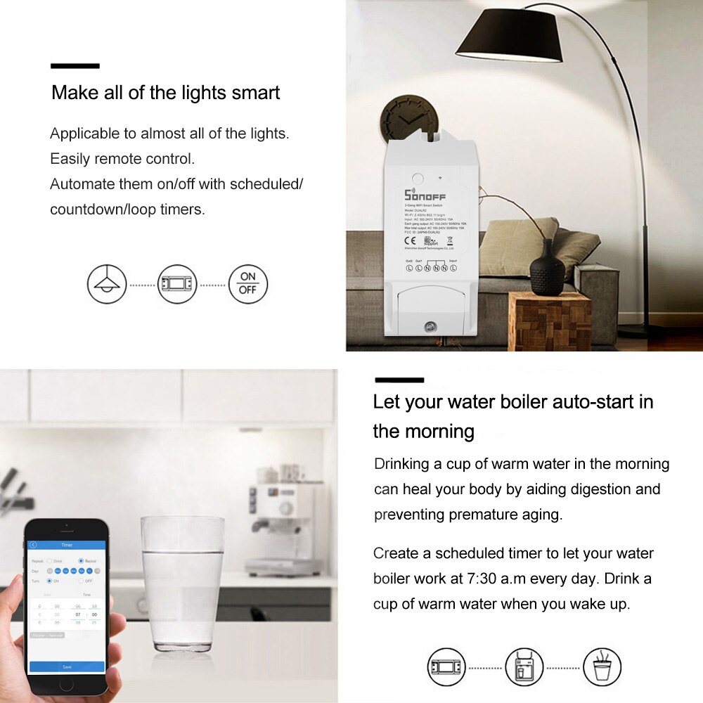 Sonoff diy 2 kanaler trådløs wifi switch app kontrol smart switch til smart home automation modul fungerer med alexa 10a/2200w