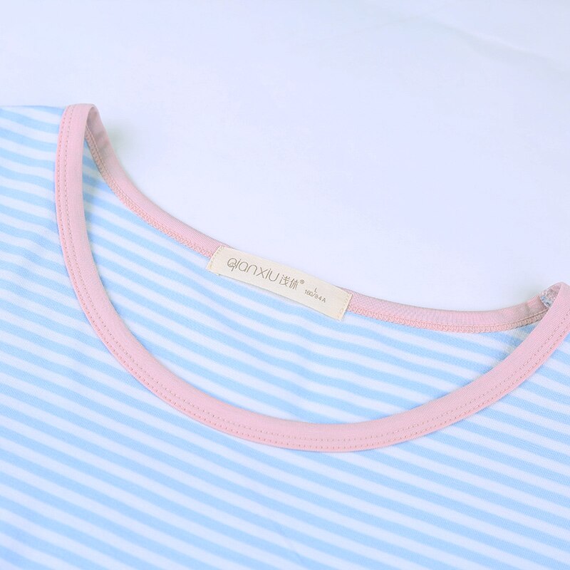 Pijama de fibra de bambú para mujer, traje de manga corta con cuello redondo, Capris a rayas, ropa cómoda para el hogar, primavera y verano,