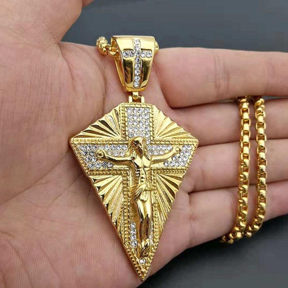 Heren Ketting Grote Jesus Cross Hanger &amp; Ketting Mens Gold Kleur Rvs Crucifix Kettingen Man Iced Out Bling sieraden