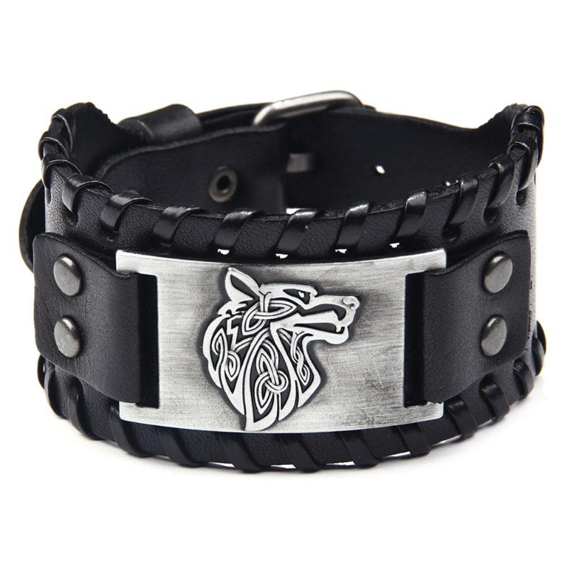 Brazalete Vintage de cuero Ancho ajustable para hombre, pulsera con cabeza de Lobo, joyería de ancho, pulseras Vintage, brazalete nórdico, Vikingo para hombre: Wolf Silver