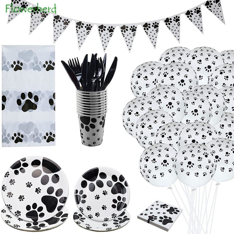 Dog Party Supplies Dog Paw Disposable Dinnerware Set Plates Napkin Cup Knifves Forks Spoon Birthday Party Baby Shower Decoration