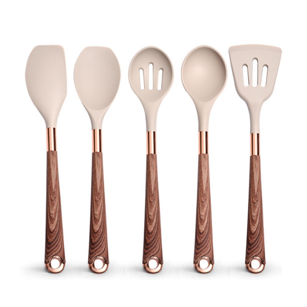 Silicone Cooking Utensils Set Heat Resistant Kitchen Spatula Spoon Non-Stick Tools With Rose Gold-Plated Handle And Holder: Chocolate