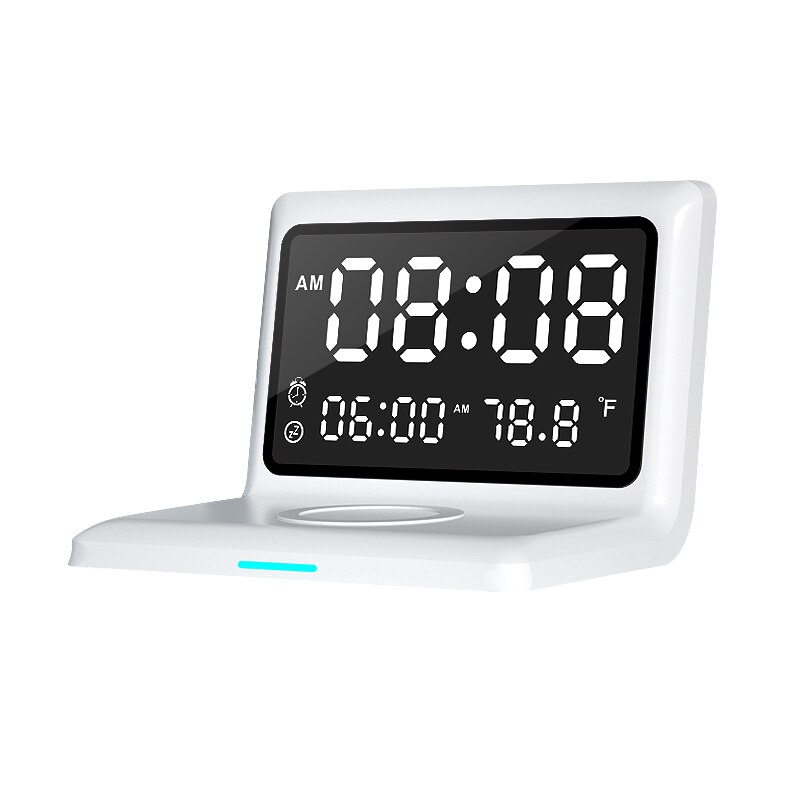 6 In 1 Wekker Draadloze Oplader Met Digitale Thermometer Led Bureaulamp Voor Slaapkamer 15W Mobiele Telefoon Snelle lader: White