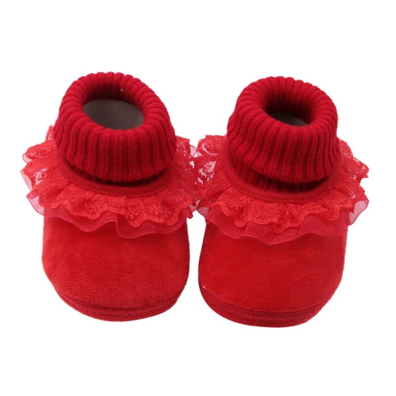 Herbst Winter Neue Neugeborenes Baby Jungen Mädchen Baumwolle Stiefel Casual Einfarbig Warme Bequeme Woolen Garn Booties Mit Blume Rand: Red / 13-18 Monate