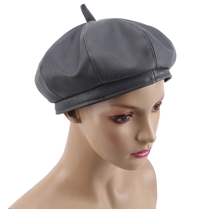 Boina de cuero PU para mujeres, de señoras, gorras negras, azafata, boina roja amarilla, Otoño Invierno, sombreros de artista: gray