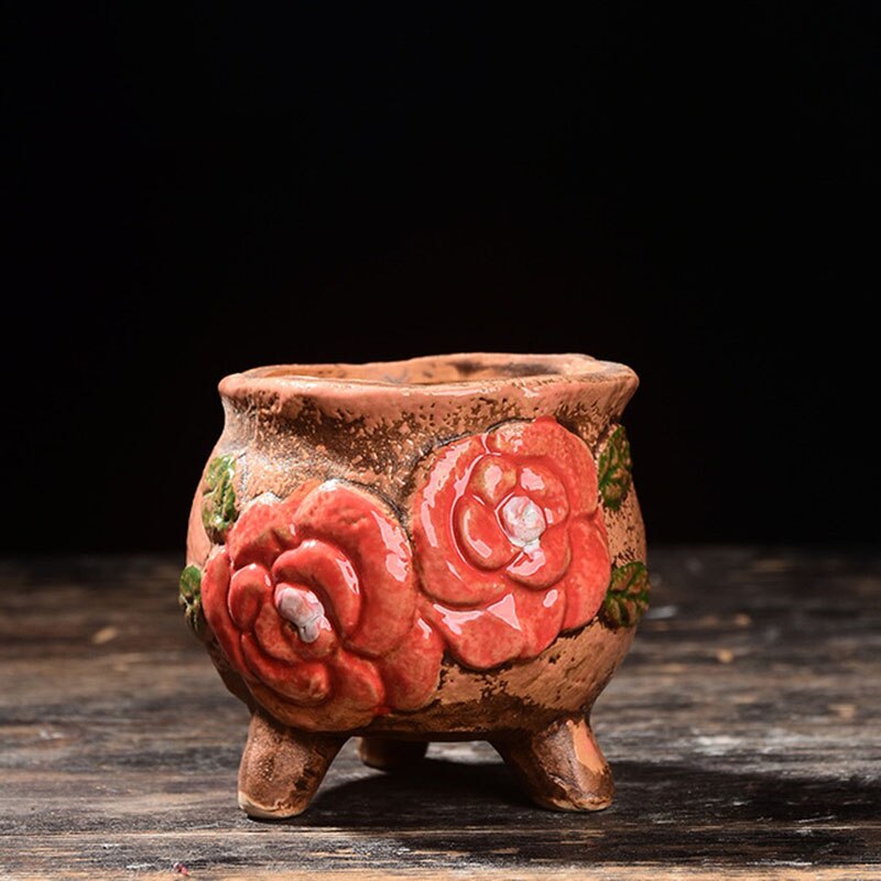 Ceramic Flowerpot Coarse Poterry Floral Pattern Fleshy Plant Pot Breathable Vase Office Desktop Ornaments Garden Decor: 4.5x6cm