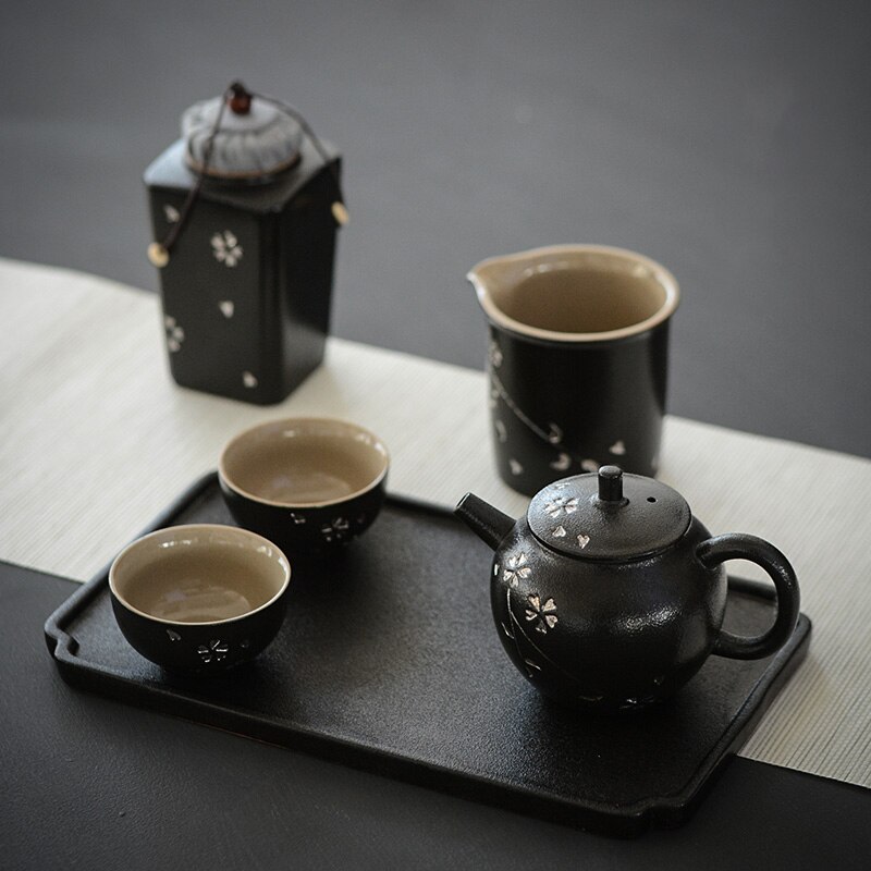 LUWU black crockery ceramic tea caddies cherry blossom chinese tea canisters storage tea or food