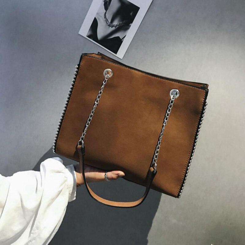 Bolso de hombro con cadena para mujer, cartera femenina con remaches de , de lujo, estilo mensajero,: Marrón