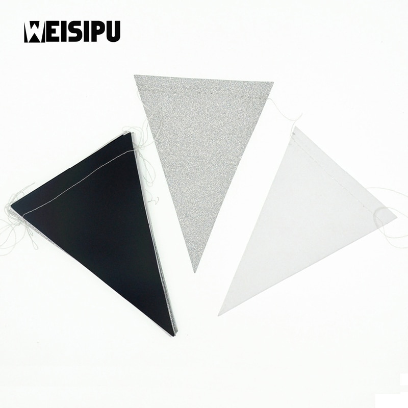 3m 15 Flags Black White Gold Flag Banner Glitter Paper Pennant Bunting Garland Wedding Birthday Party Decoration