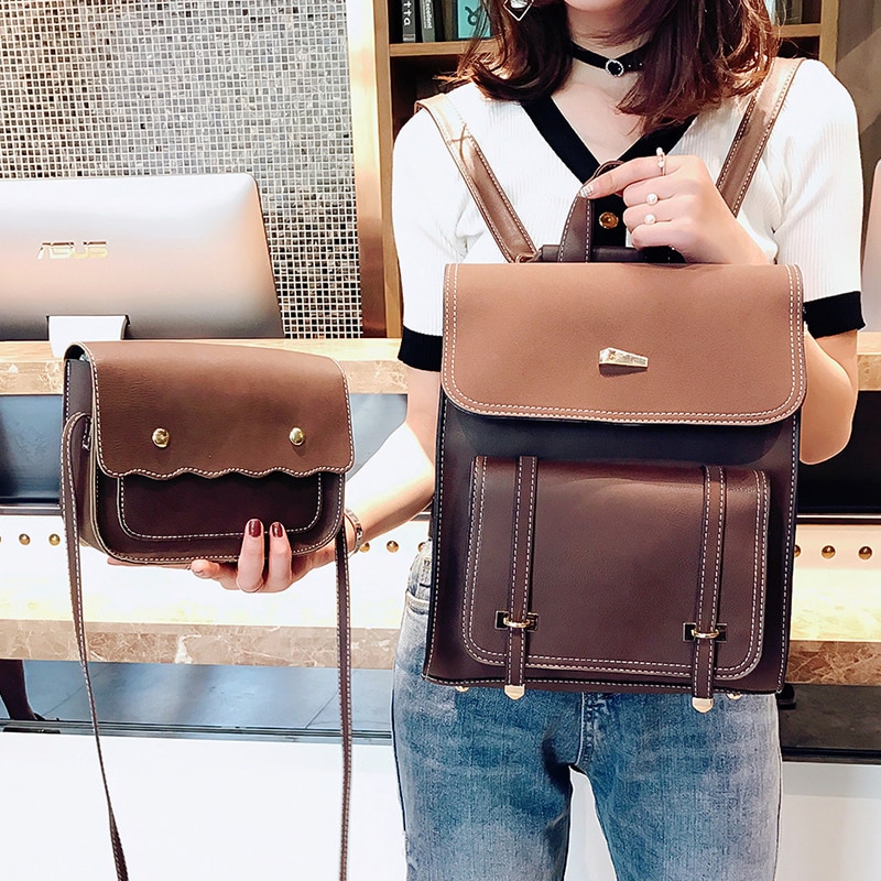 Two sets Women Backpack pu Leather Backpacks Teenage Girls Female School backpack Shoulder Bag: Brown