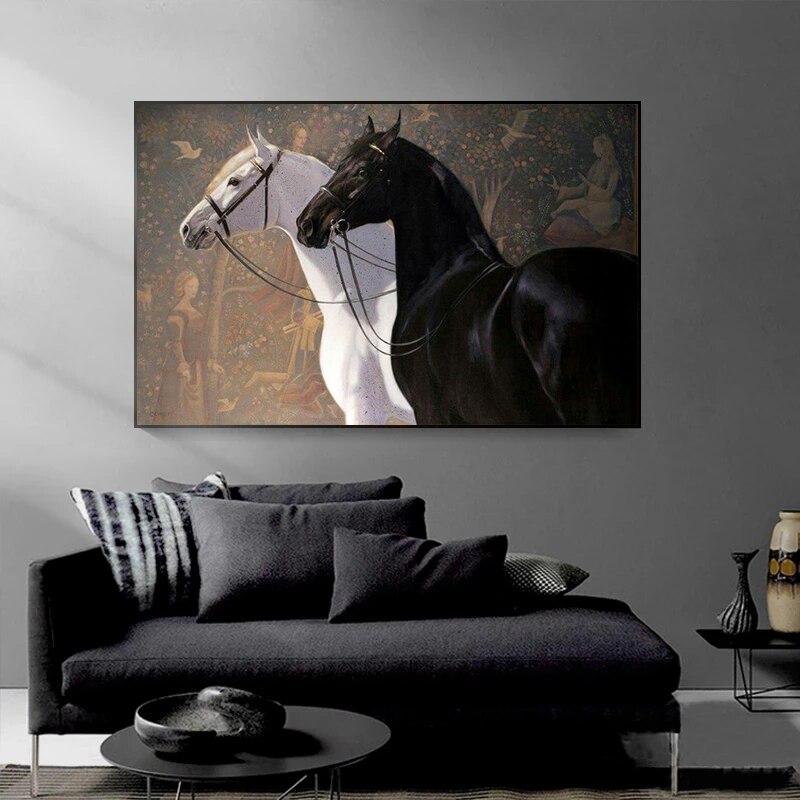 Retro Black White High Blood Horse Animal Canvas Painting Posters and Prints Wall Art Pictures Living Room Home Decor Cuadros