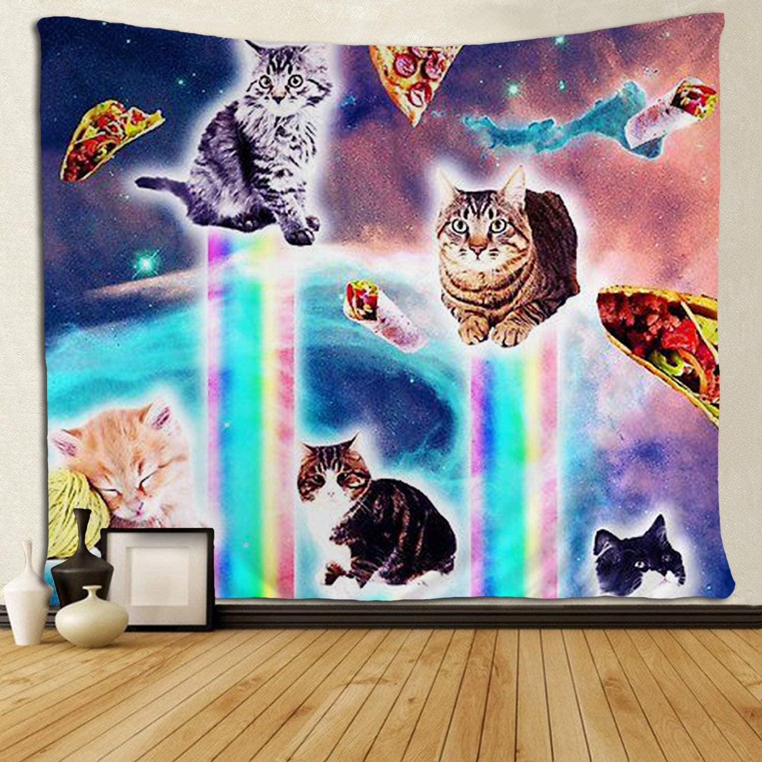 Cat in Galaxy with Rainbow Pizza and Taco Tapestries Hippie Art Wall Hanging