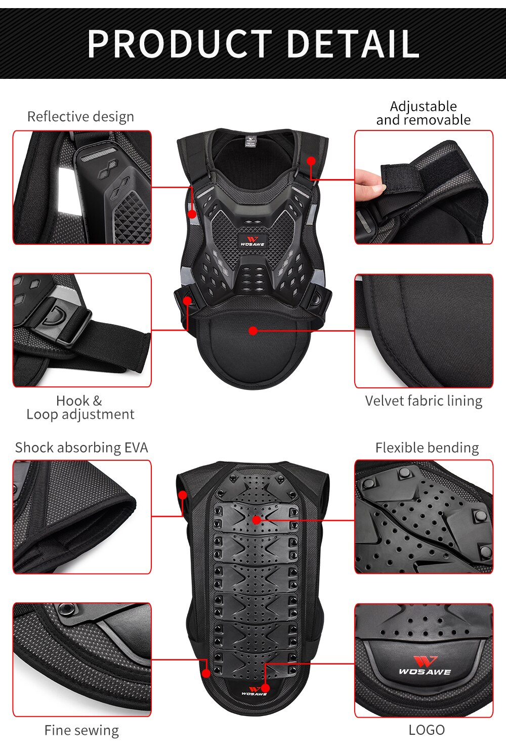 WOSAWE Protective Motocross Armor Ski Back Elbow Knee Protection Vest Jacket Suit Adult Snowboard MTB Motorcycle Armor Gear