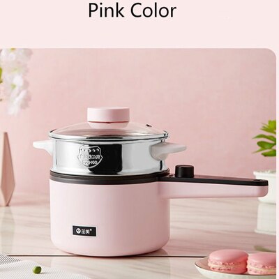 600W 220V dorm room 304 stainless steel pot electric cooker multifunctional non-sticky fry hotpot stew electric skillet: Pink double layer