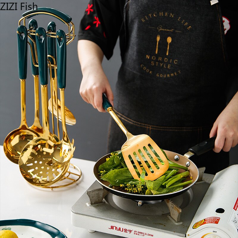 Nordic luxe roestvrijstalen lange spatel, schep, keukengereedschapset, antiaanbaklaag, handwok, schep, keramische handgreep, kookgerei