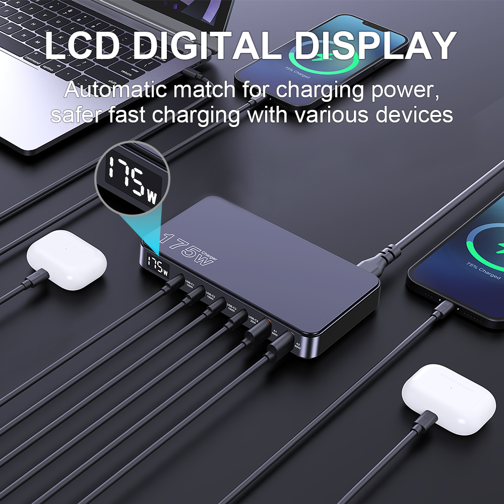 Ueetop 175w gan usb c laddare led-skärm 6- portars bordsladdare typ c  pd 100w pps 45w snabbladdning för macbook samsung iphone