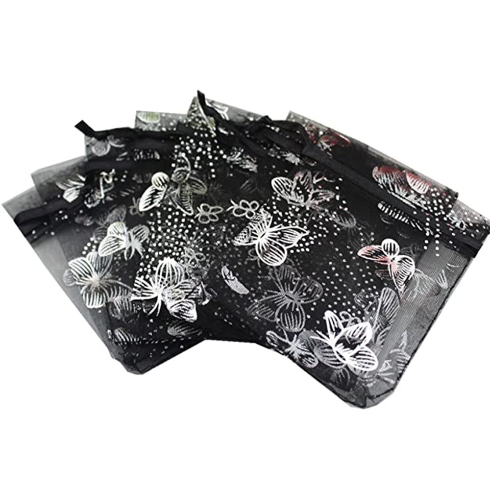 100 PCS 10 Colors Jewelry Butterfly Organza Bag 10x12cm Wedding Christmas Voile Organza Packing Drawstring Bag Pouch: Black