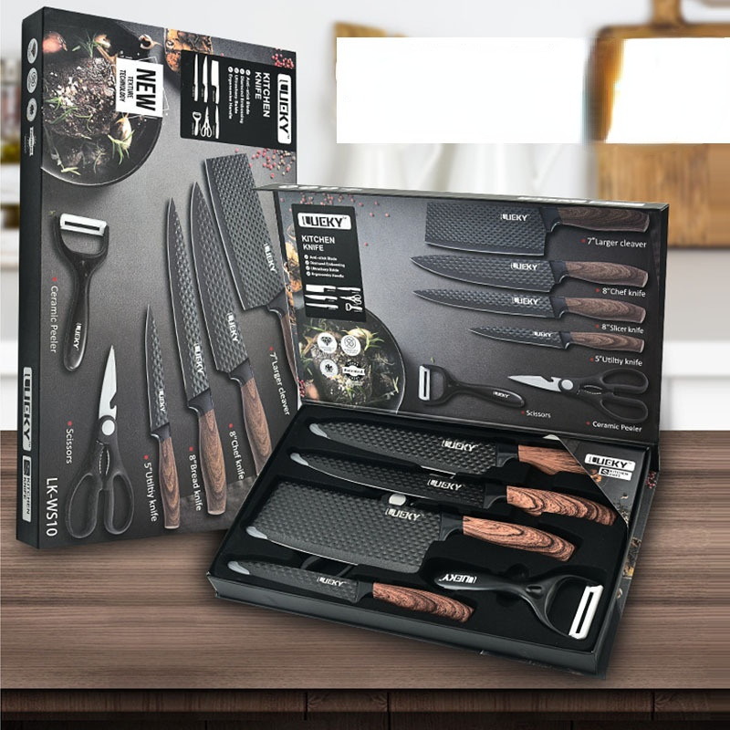 6-piece Set Kitchen Knife Set Double-layer Stainless Steel Utility Knife Wave Pattern Sharp Kitchen Knife Cleaver Steak Knife