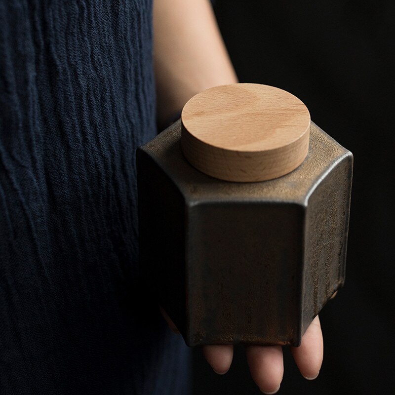 Ceramic Handmade Tea Caddy Coarse Pottery Geometric Sealed Storage Jar with Wood Cover Food Container Tea Ceremony