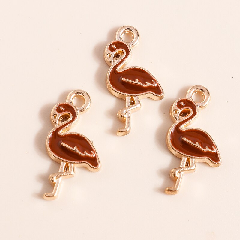 Breloques flamant rose de dessin animé pour bijoux, joli oiseau en émail, collier, boucle d'oreille, accessoires exécutifs, 10 pièces, 17x8mm: MARRON
